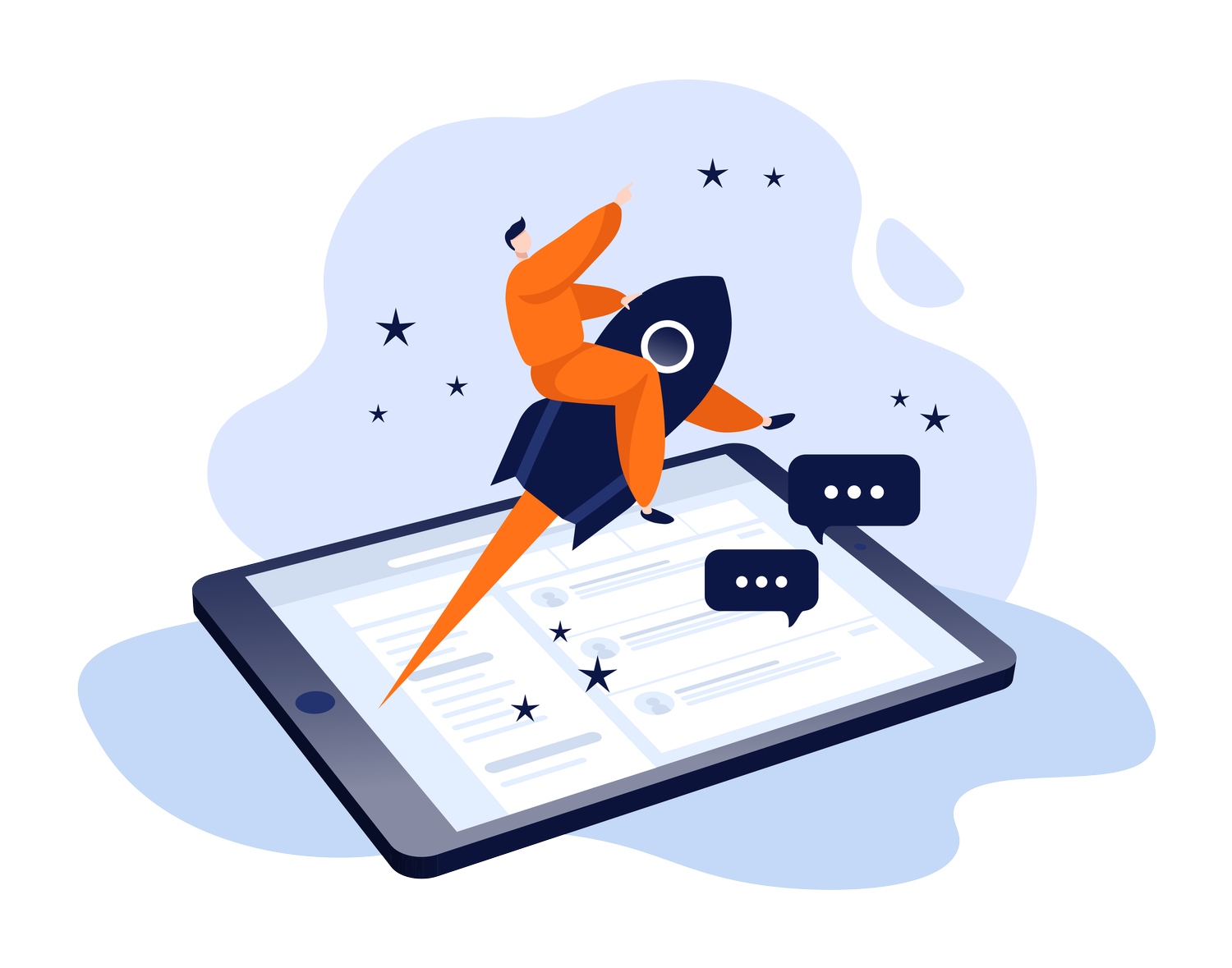 Illustration of a salesperson launching on a rocket above a tablet showing prospect conversations